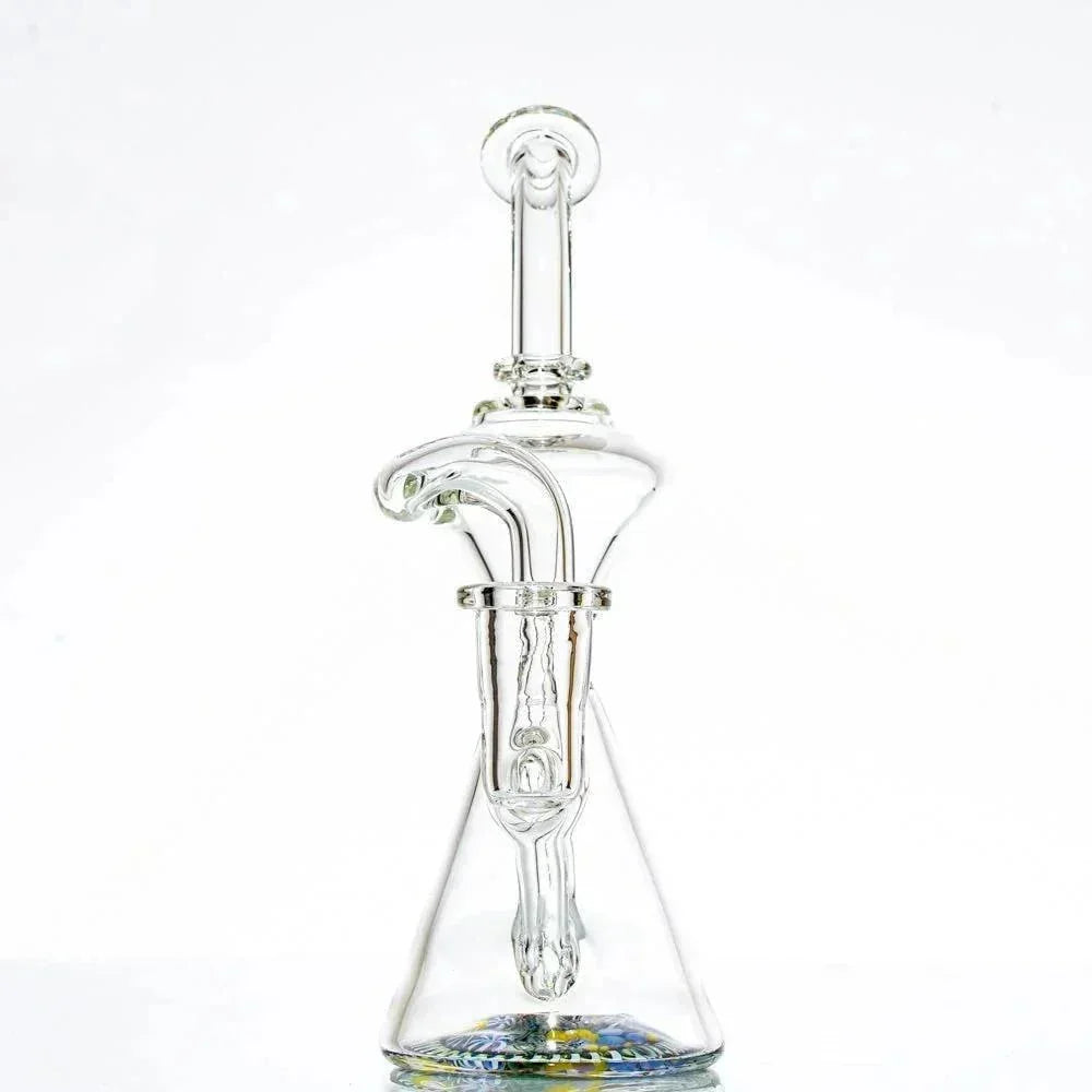 Clear glass water pipe with intricate recycler design and colorful base accents