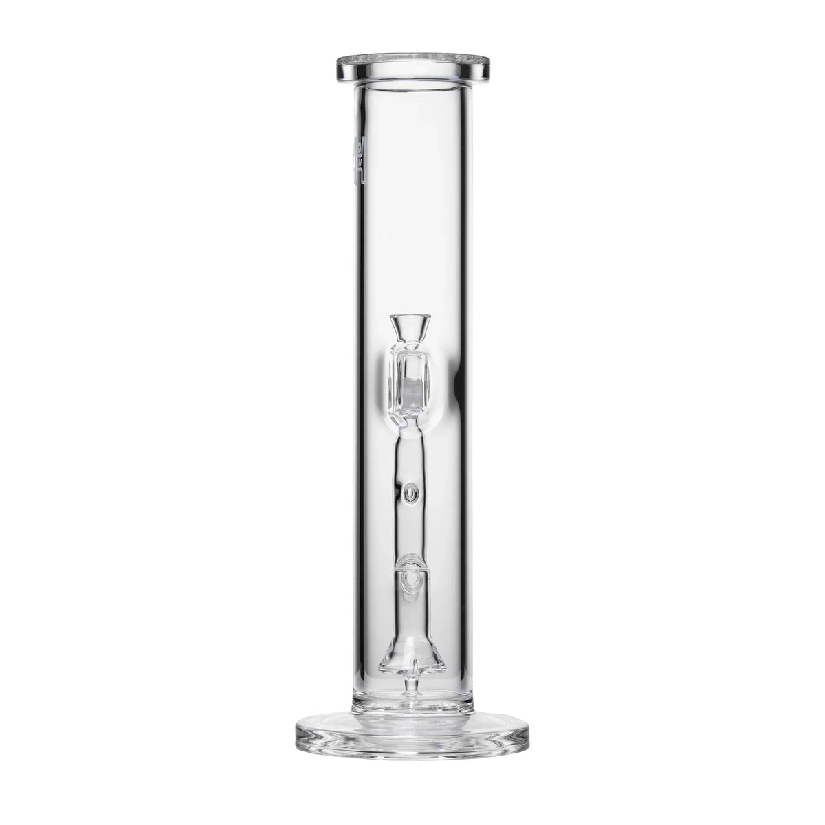 Clear straight tube glass bong with percolator on white background