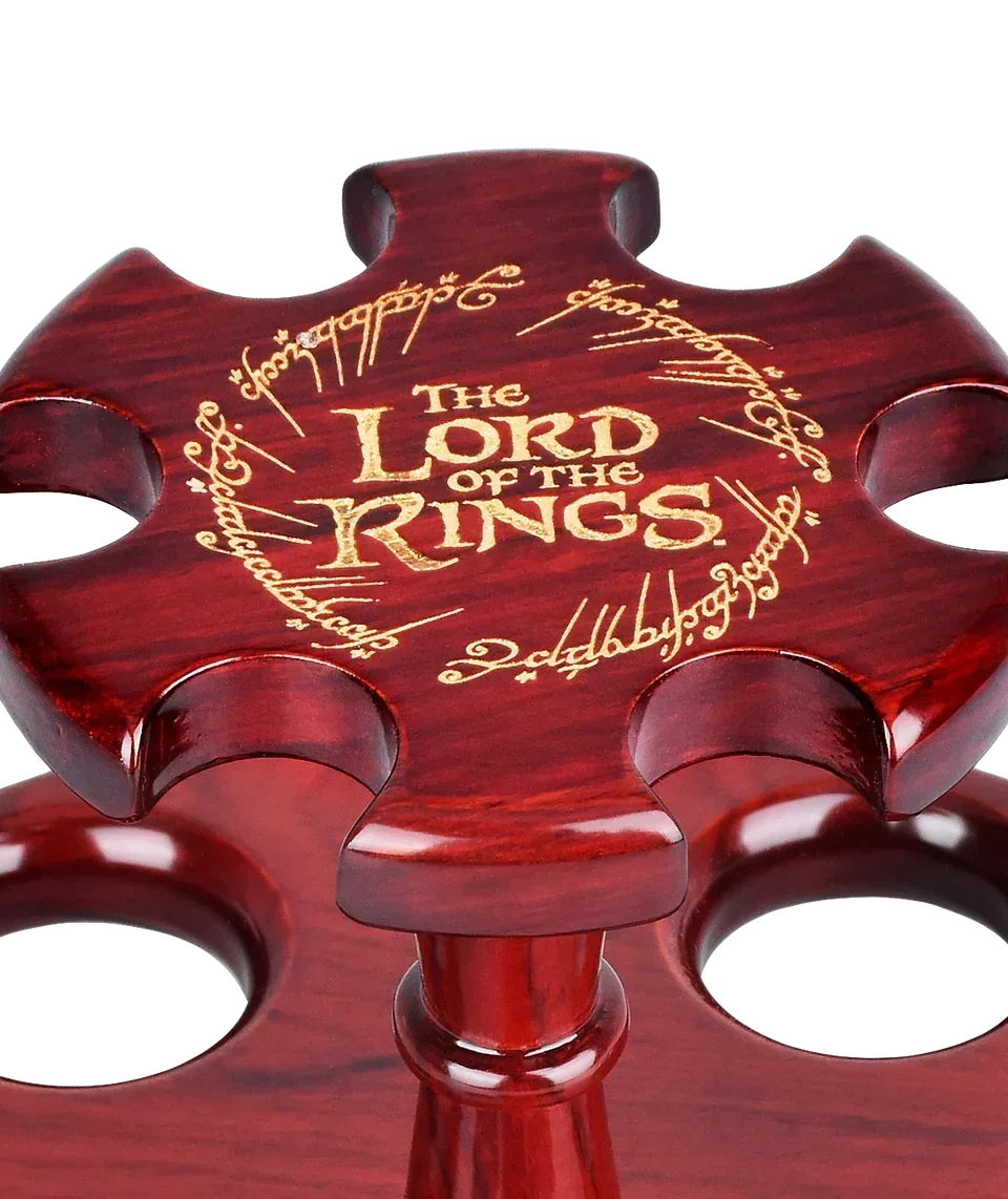 Red wooden Lord of the Rings themed pipe holder with gold lettering and script design