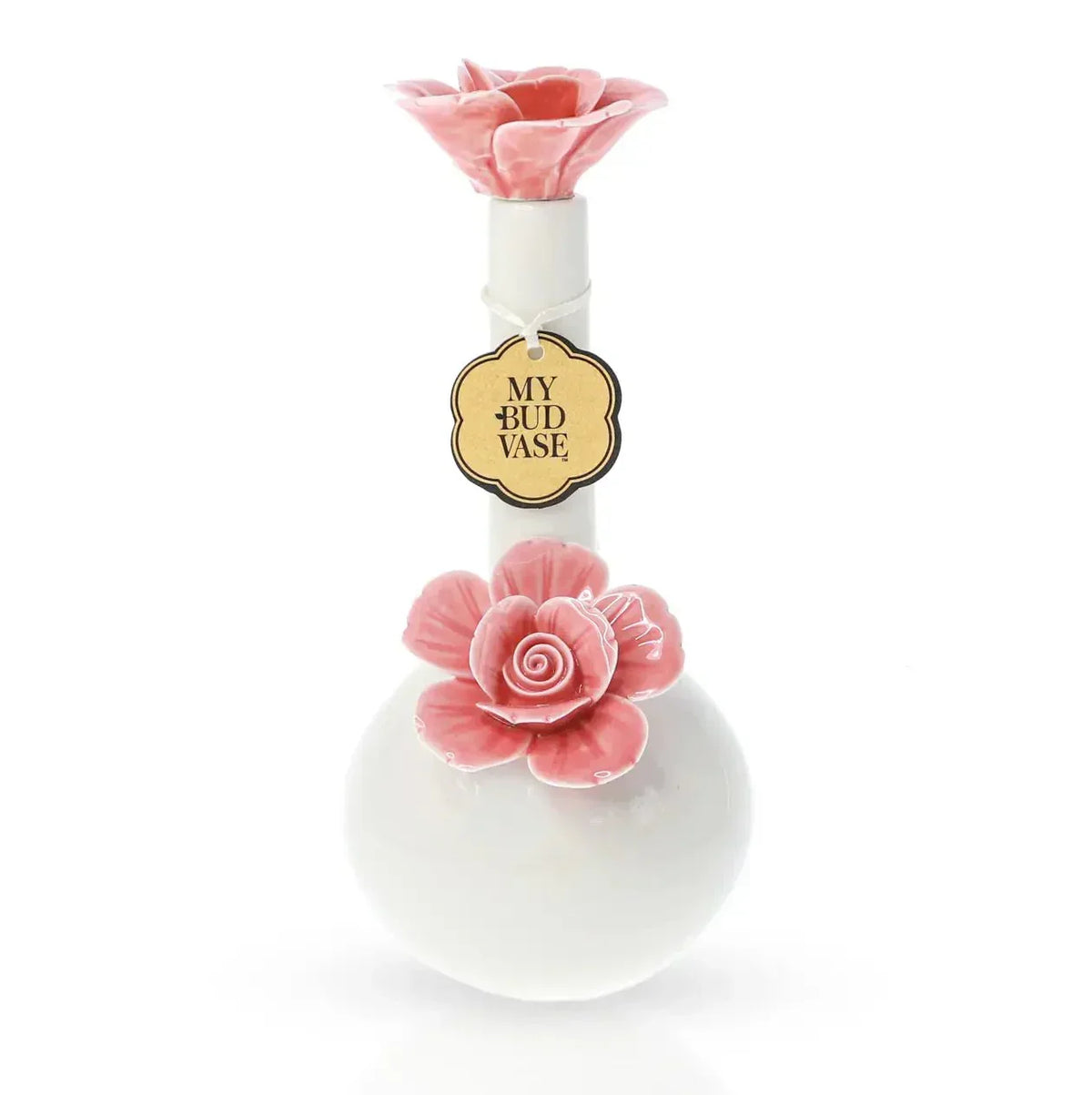 White ceramic vase with pink flower accents and decorative label reading 'My Bud Vase'.