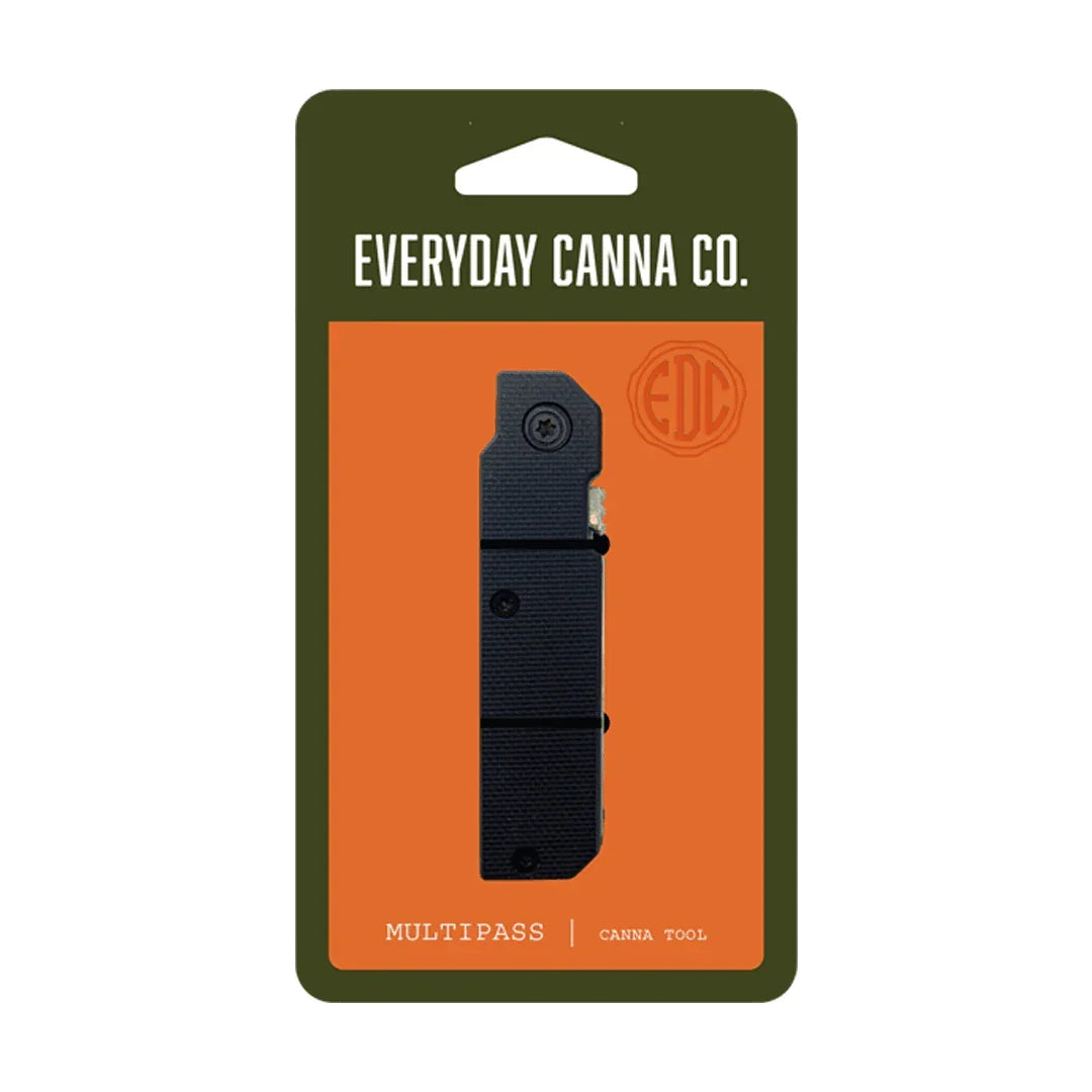 Everyday Canna Co. Multipass canna tool in black, displayed in retail packaging