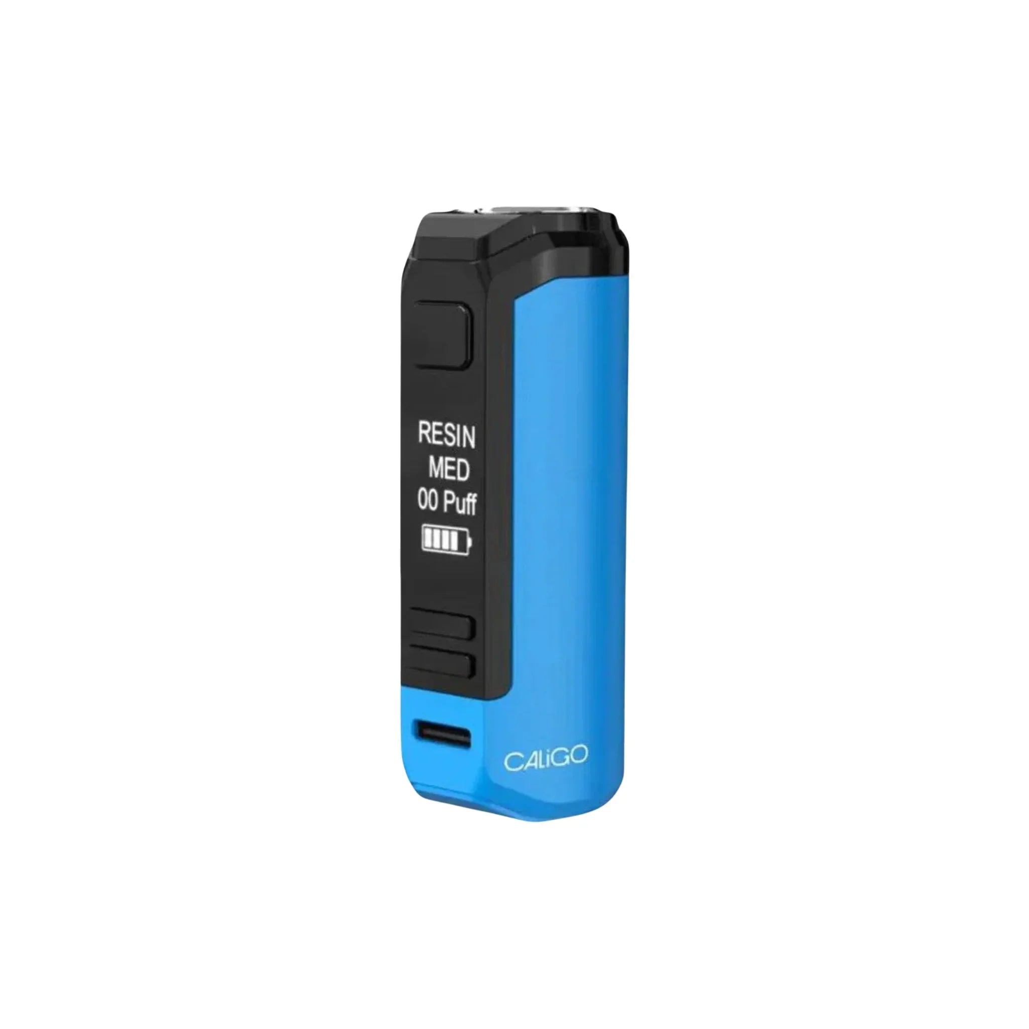 Blue Caligo portable vaporizer with display screen showing puff count and battery indicator