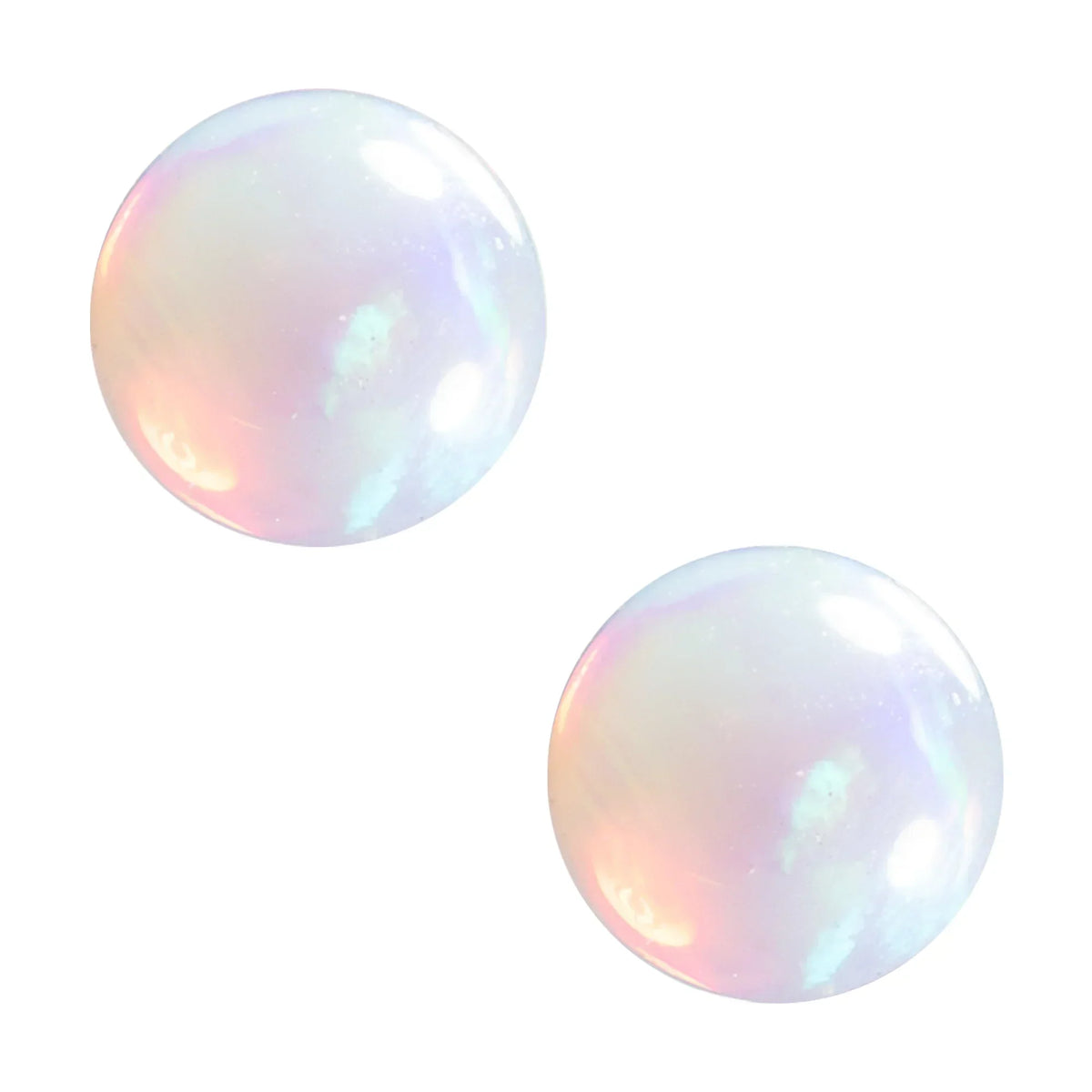 Two opalescent glass terp pearls for dab rigs on a white background