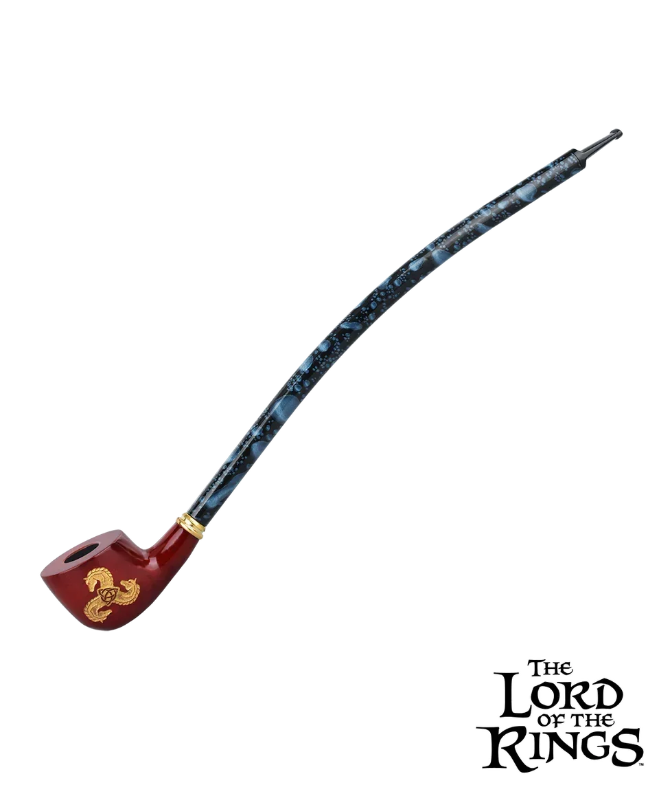 Long glass Gandalf-style smoking pipe with decorative stem and The Lord of the Rings logo.