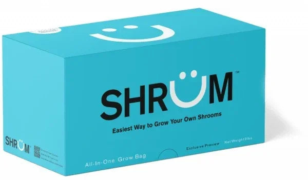 Blue SHRÜM all-in-one grow bag kit box for growing mushrooms, bold branding, product packaging