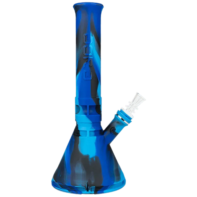 Blue silicone beaker bong with black accents and clear removable glass bowl