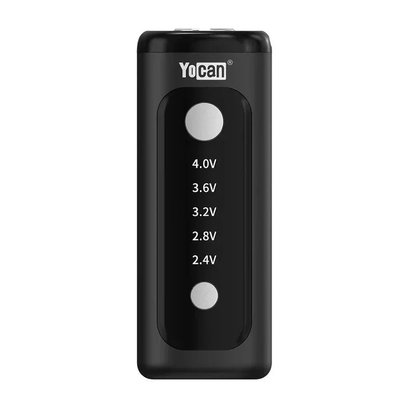 Black Yocan vaporizer battery with adjustable voltage settings, front view