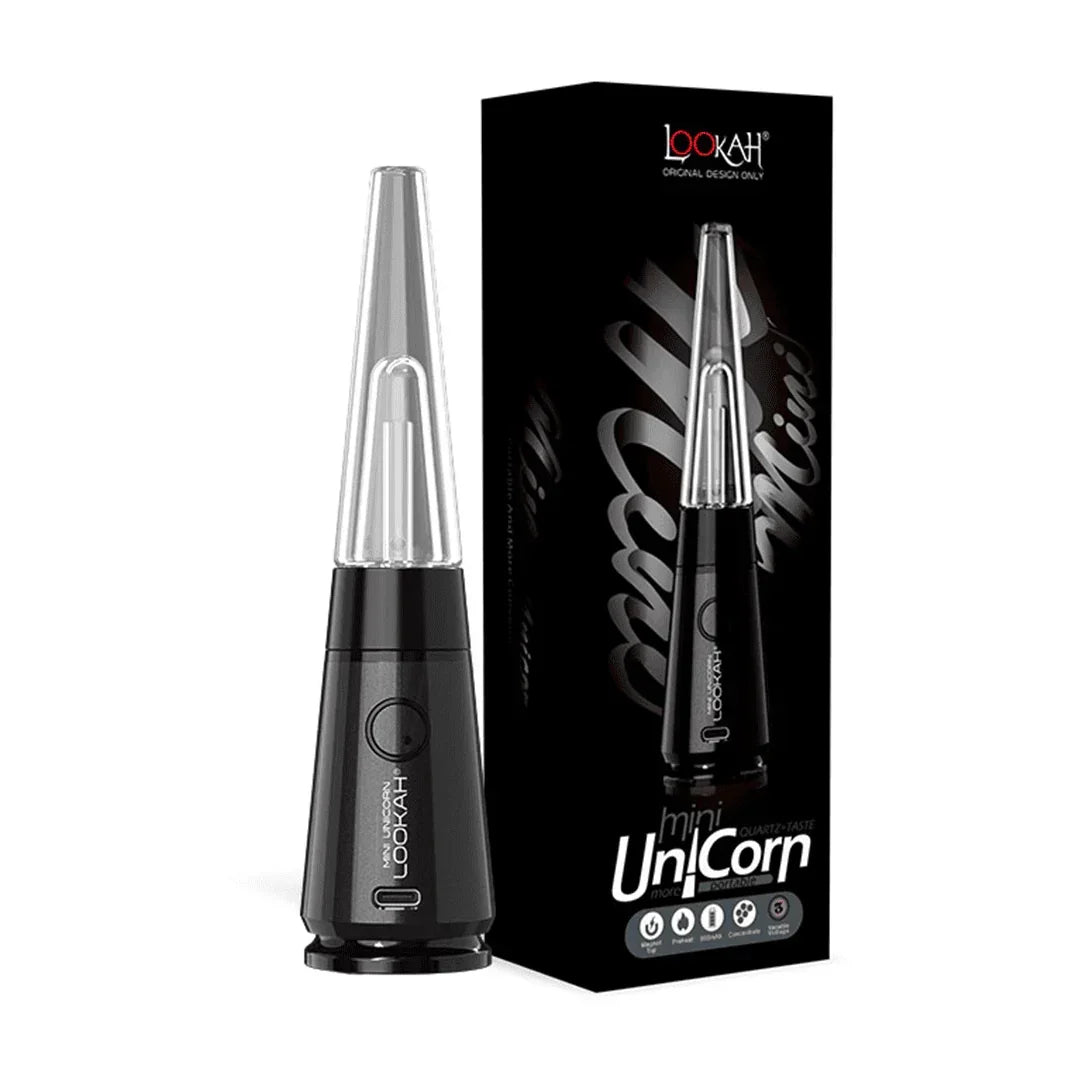 Lookah Mini Unicorn black electric dab rig with clear glass top and product box