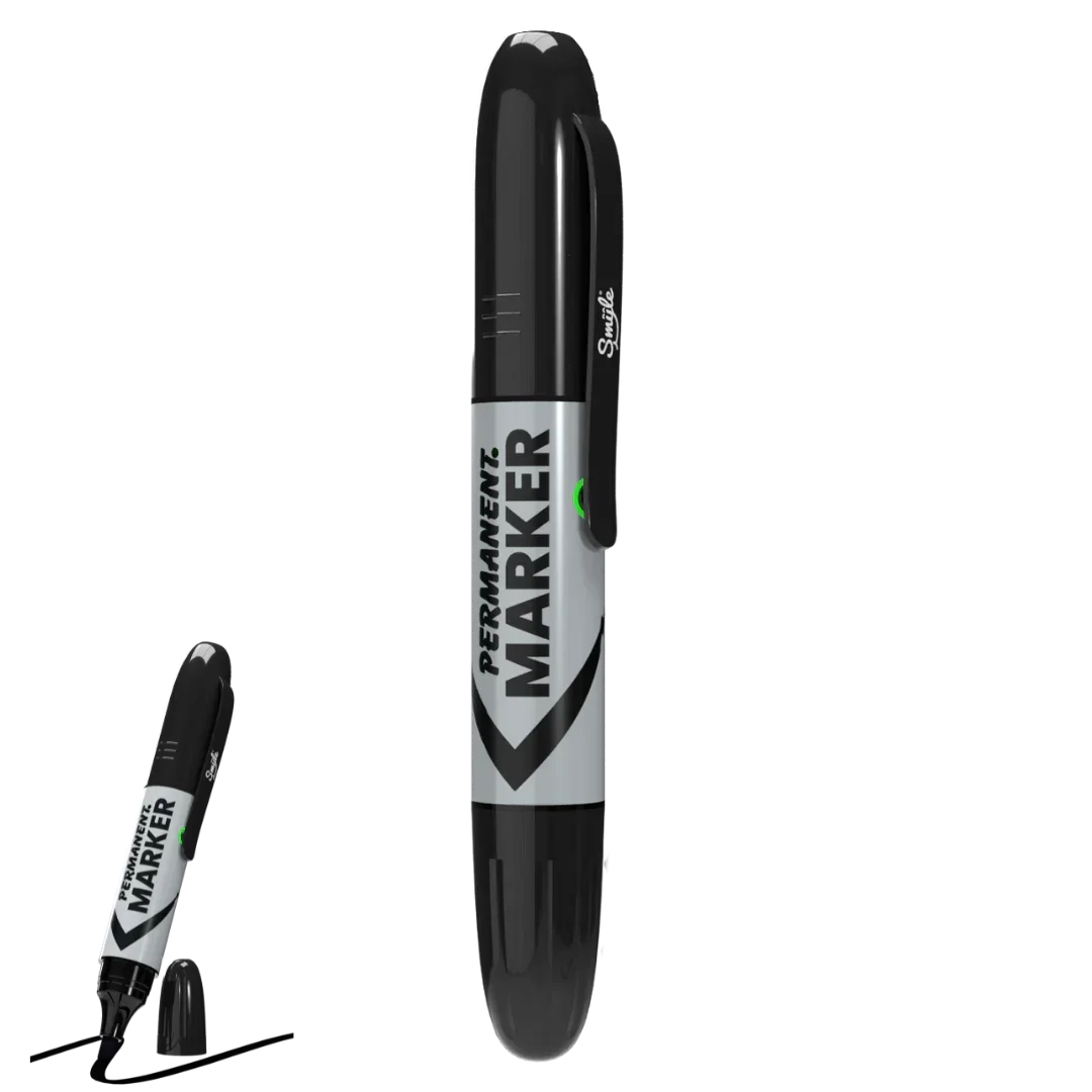 Black and silver permanent marker with bold text, shown upright on a black background