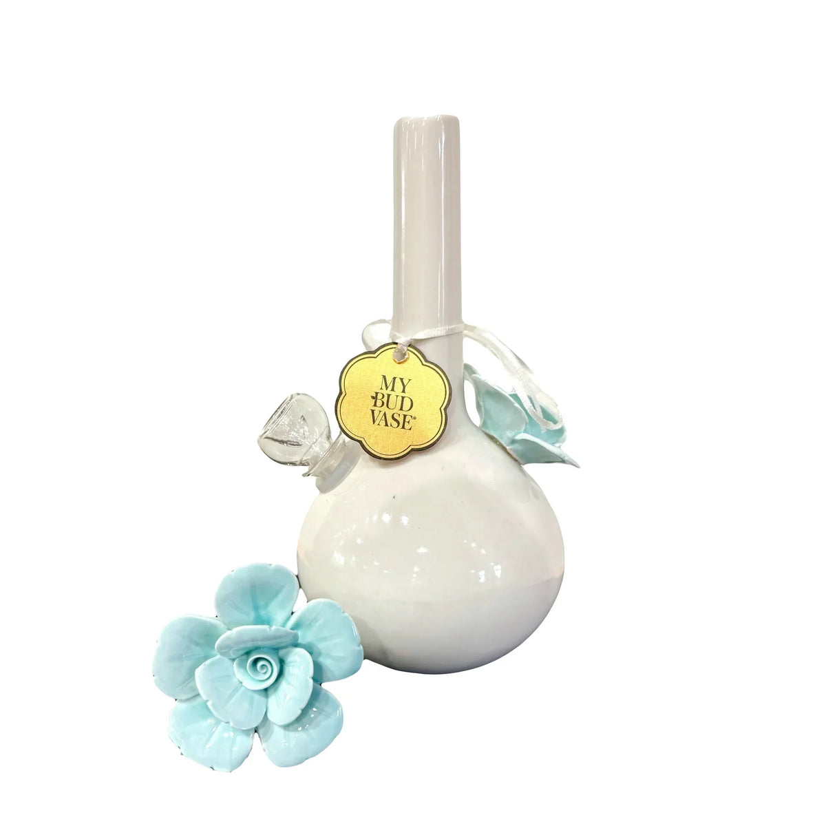 White glass bong with blue ceramic flower accents and 'My Bud Vase' tag