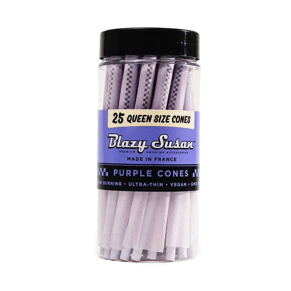 Blazy Susan 25 queen size purple pre-rolled cones in clear jar, premium smoking accessories