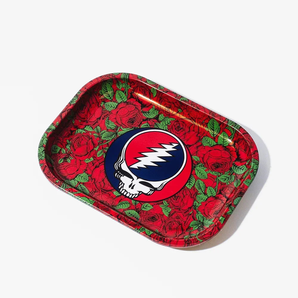Metal rolling tray with red roses and a lightning skull graphic on white background