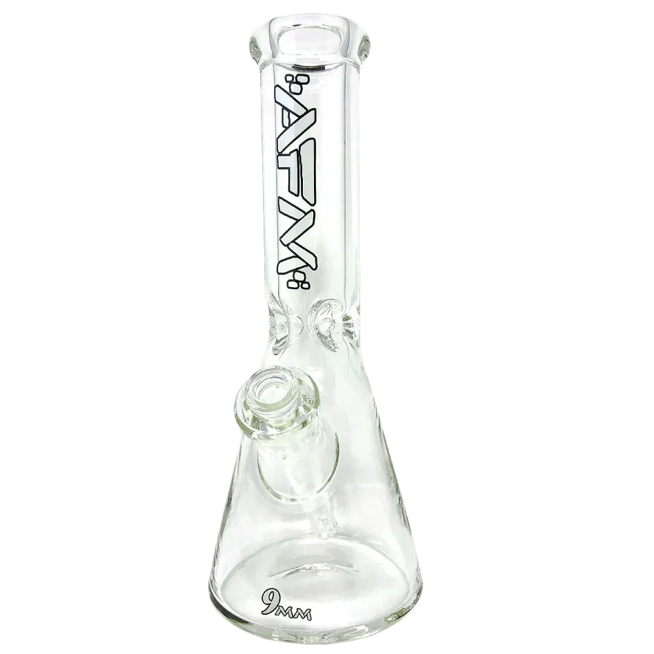 Clear glass beaker bong with AFM logo and reinforced 9mm thick base