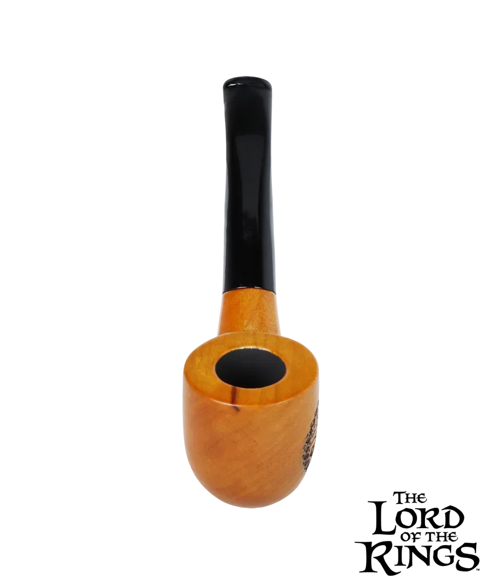 Wooden tobacco pipe with black stem and The Lord of the Rings logo on a black background