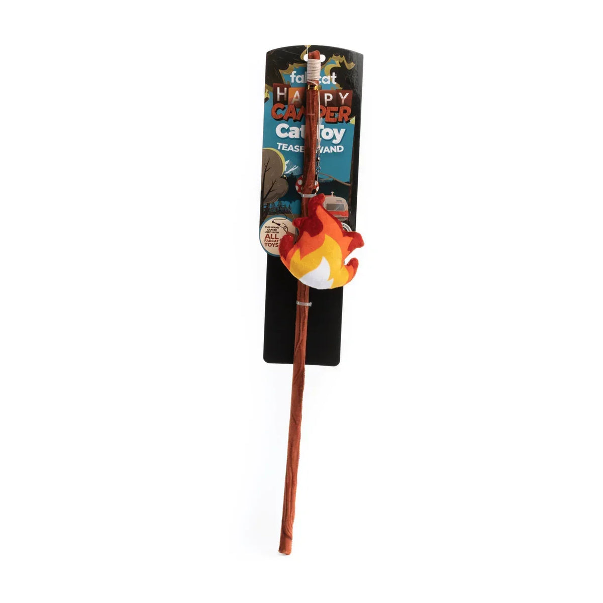 Happy Camper cat toy teaser wand with plush fire design on packaging