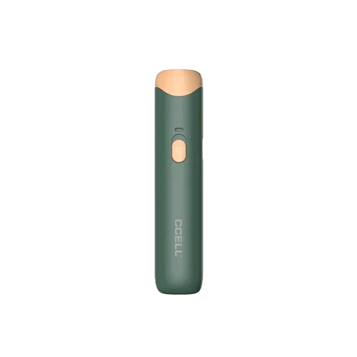 Green and beige CCELL Go Stik vape battery with button, shown on a plain background.