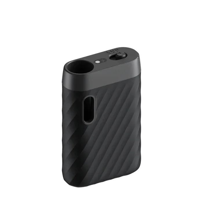 Sleek black vape battery with textured grip, cartridge slot, and control switch on top