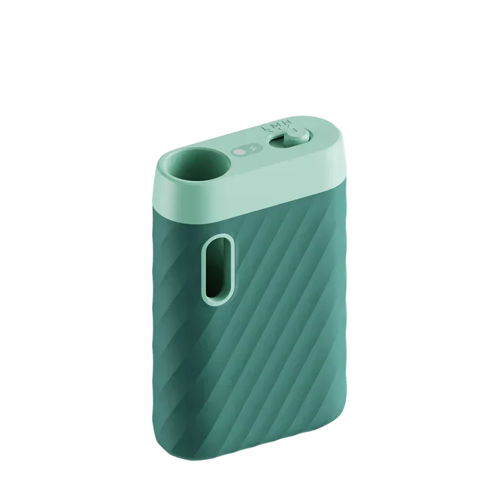 Green portable vape battery with textured grip and cartridge slot on white background