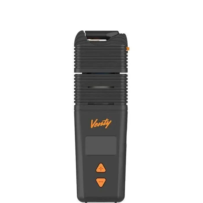 Portable black vaporizer with orange buttons and 'Venty' logo, isolated on white background
