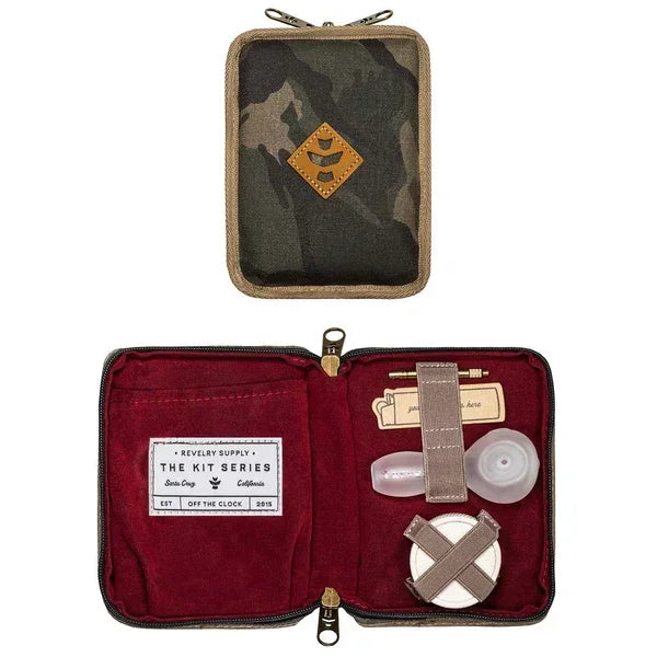 Camouflage zippered stash pouch with organized smoking accessories inside, velvet lining