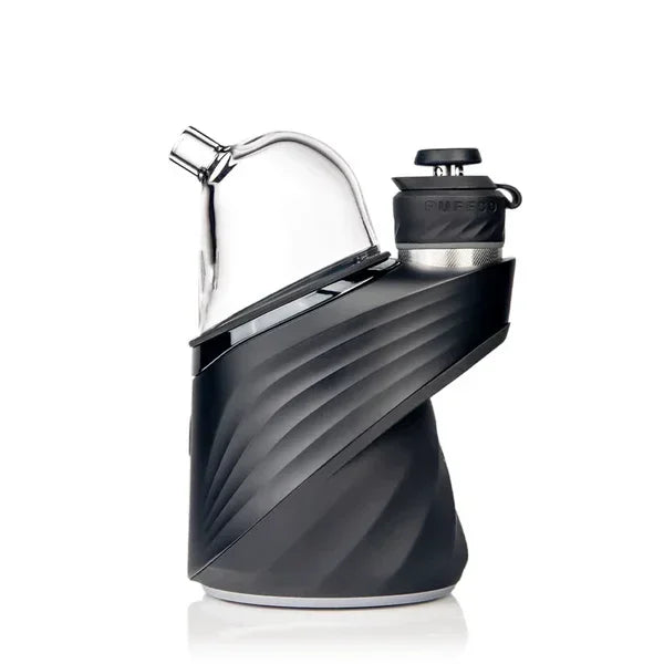 Modern black Puffco electronic vaporizer with glass mouthpiece and textured base