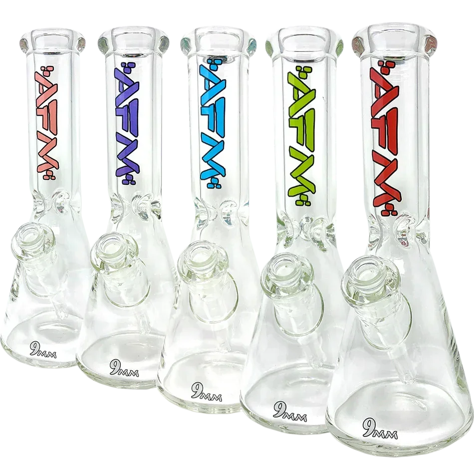 Beaker glass water pipes with AFM logo in assorted colors and 9mm thick bases
