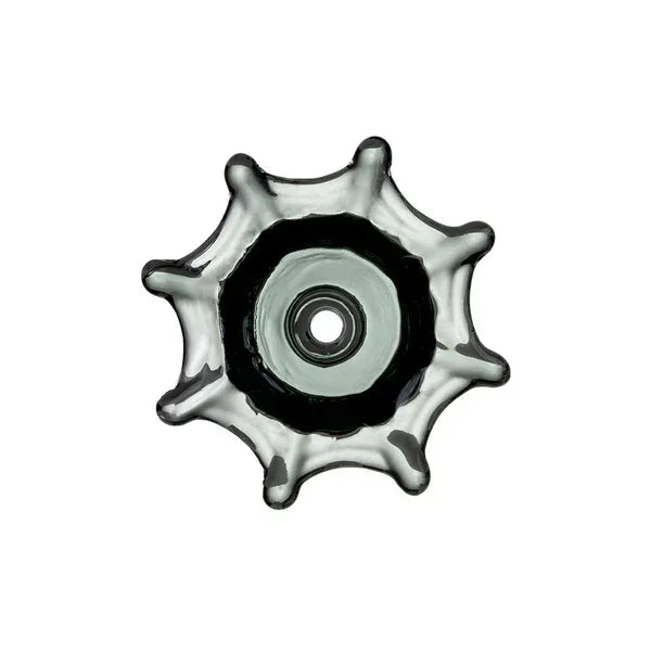 Clear glass gear-shaped bowl piece with central hole, smoking accessory product