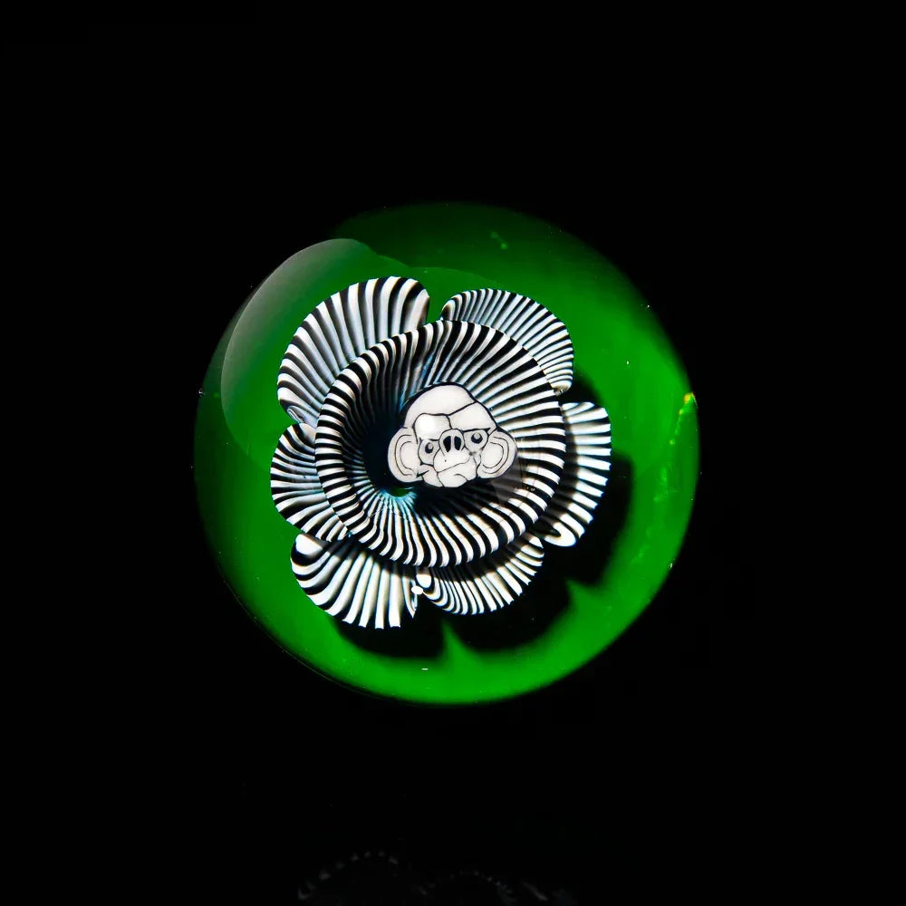 Handmade glass marble with green background, black white swirl, and detailed monkey face design