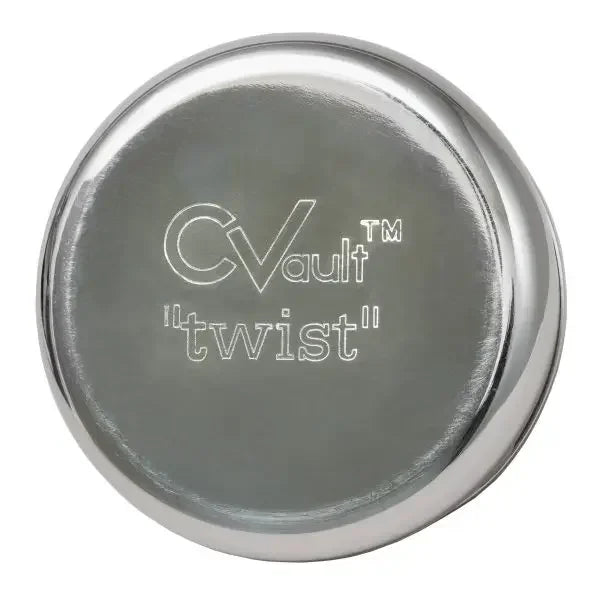 Stainless steel CVault Twist Top container with engraved lid, odor-proof storage jar