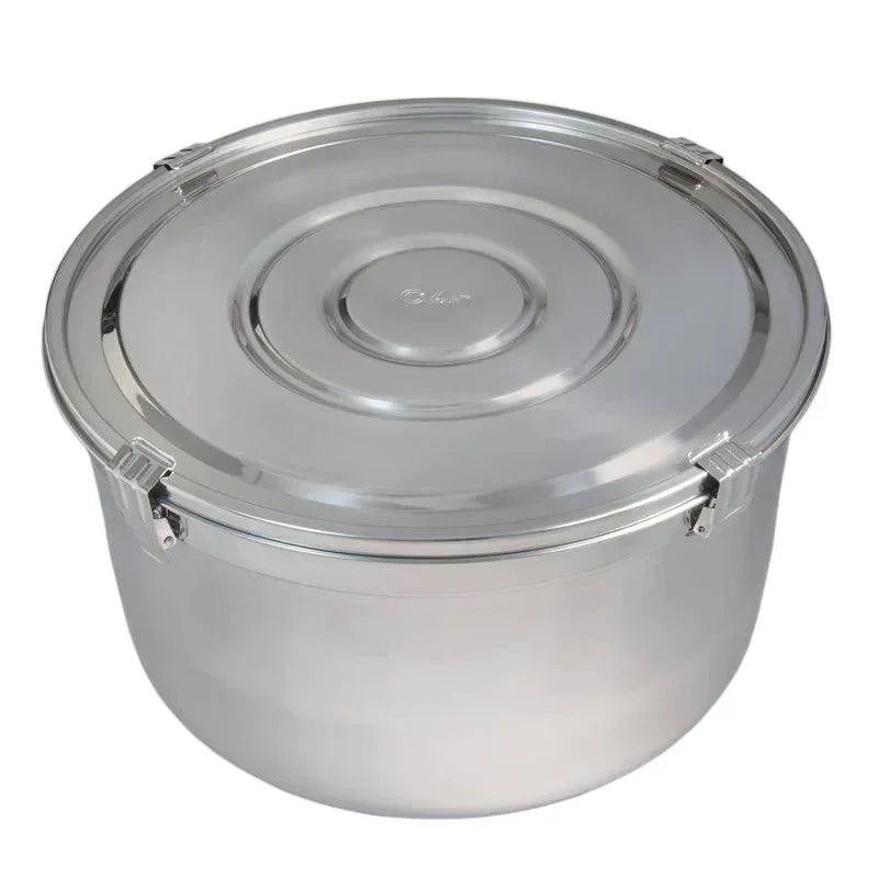 Large stainless steel humidity controlled storage container with secure latches and lid