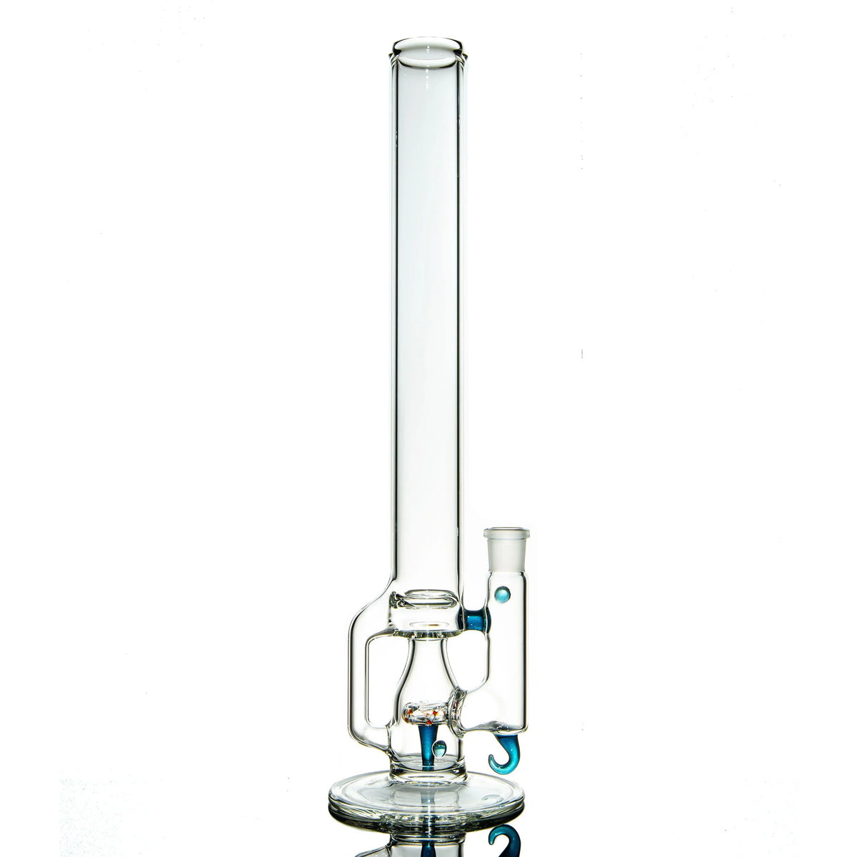 Tall clear glass water pipe with blue accents and unique curved design on white background