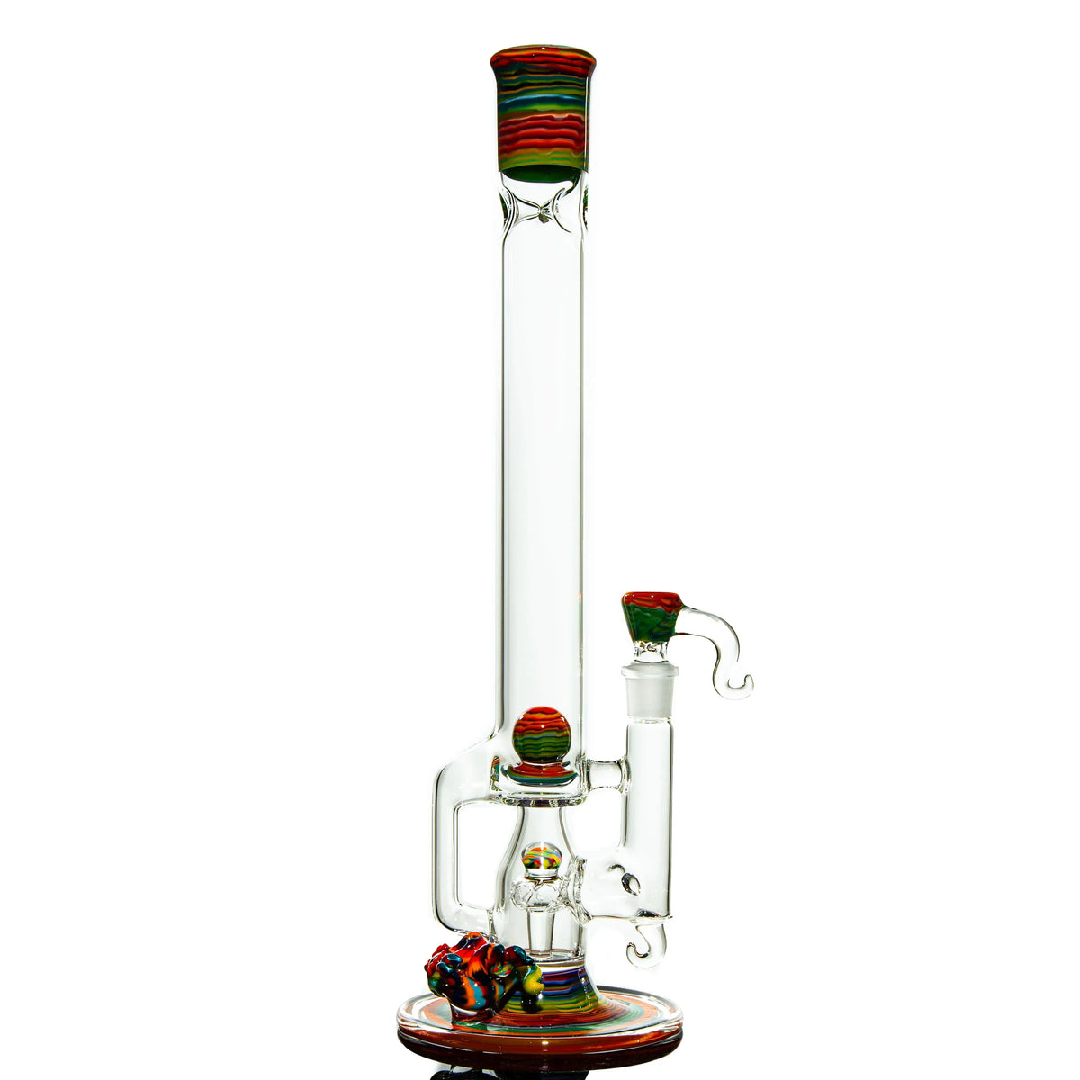 Heady glass bong with colorful accents and intricate design on white background