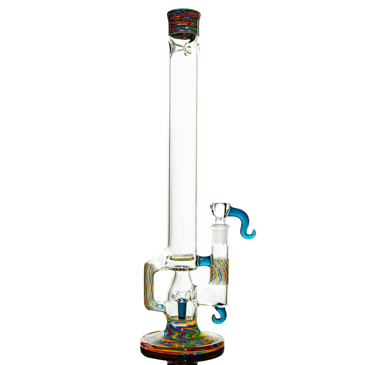 Tall clear glass water pipe with colorful swirled accents and a blue hook handle