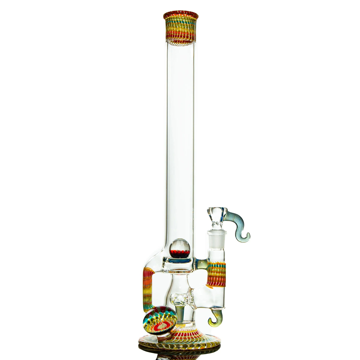 Heady glass bong with colorful accents, intricate design, and clear tubing against white background