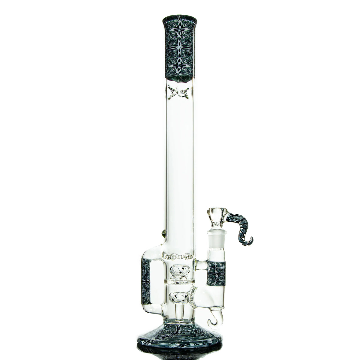 Intricate clear and black heady glass water pipe with ornate details and sculpted handle
