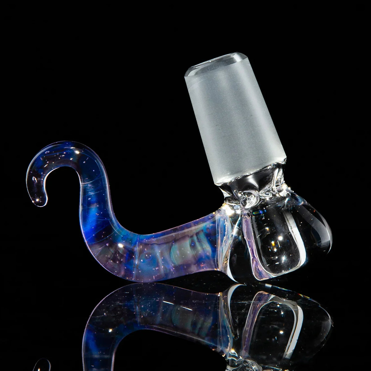 18mm iridescent glass pinch slide with curved hook-shaped handle on black background