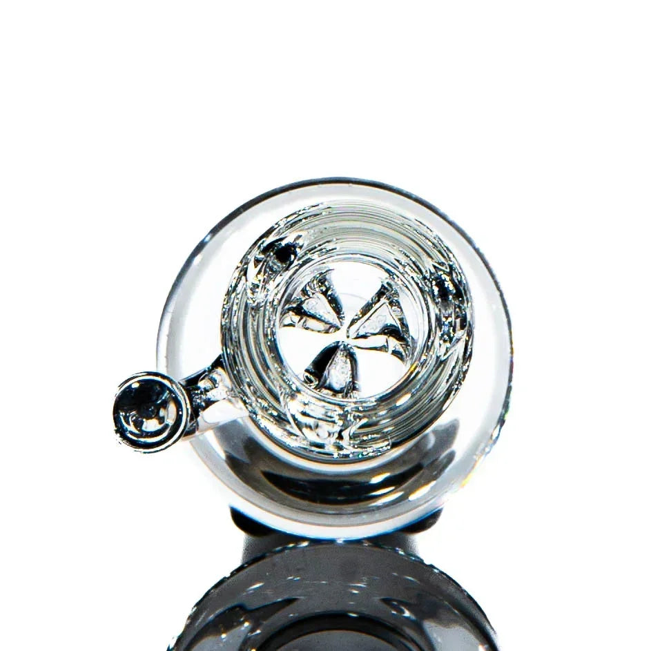 Clear 18mm glass bong bowl slide with unique triangular cut design, viewed from above