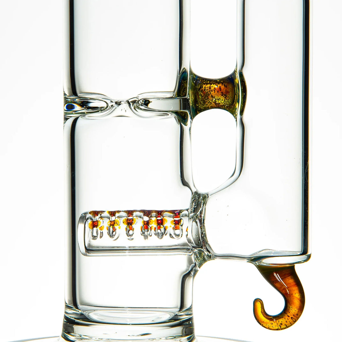 Clear glass water pipe with amber hook detail and colorful glass percolator