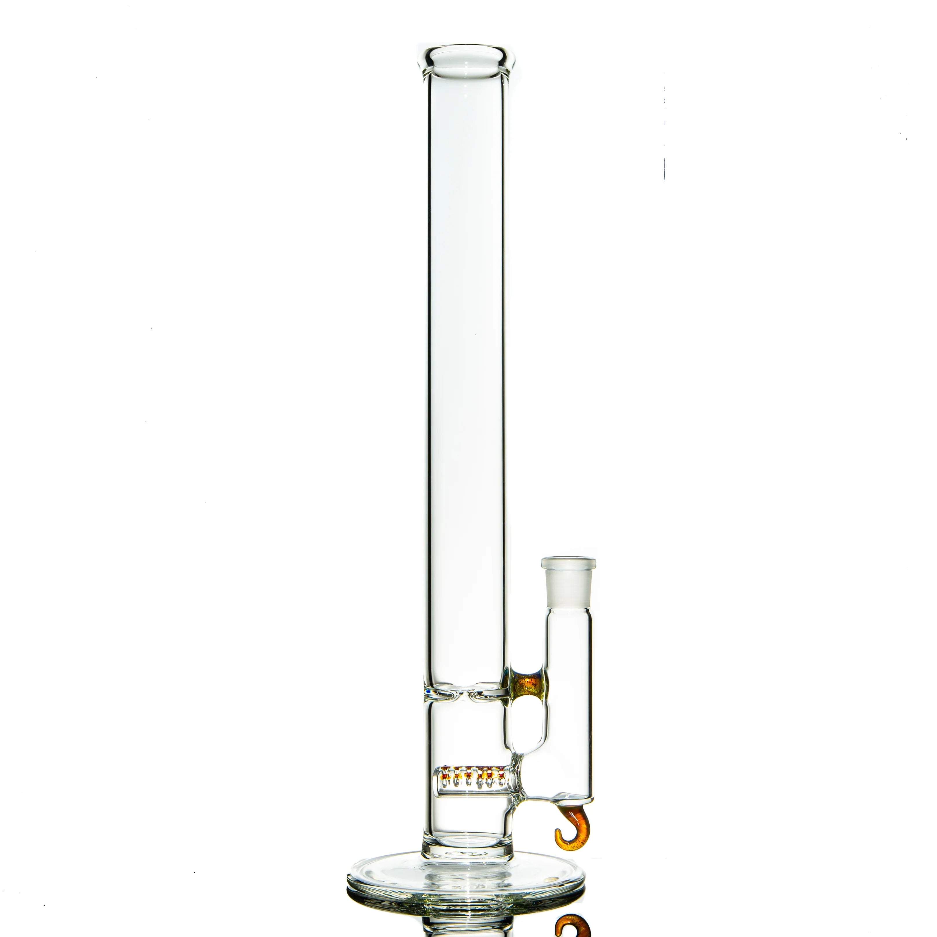 Clear glass straight tube water pipe with amber purple accents and hook percolator