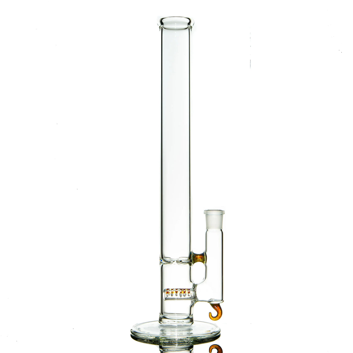Clear glass straight tube water pipe with amber purple accents and hook percolator