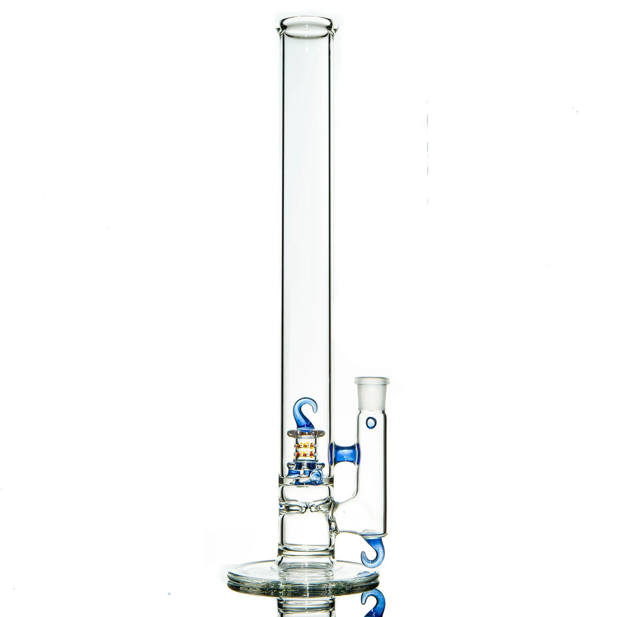 Clear glass water pipe with blue accents and unique glass detailing on a white background