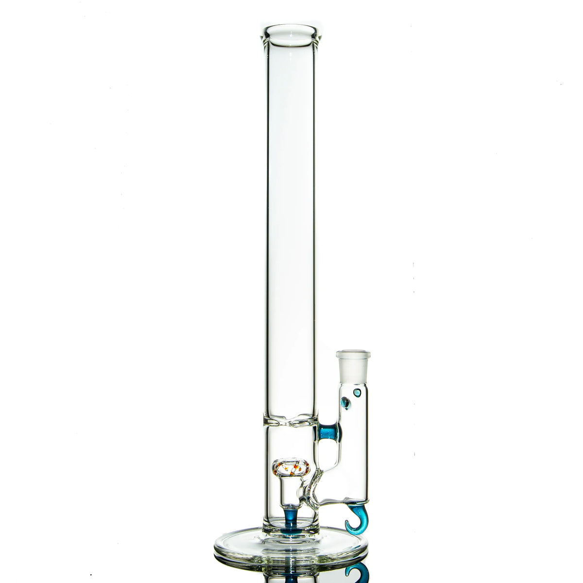 Clear glass bong with blue stardust accents and compass design on a white background
