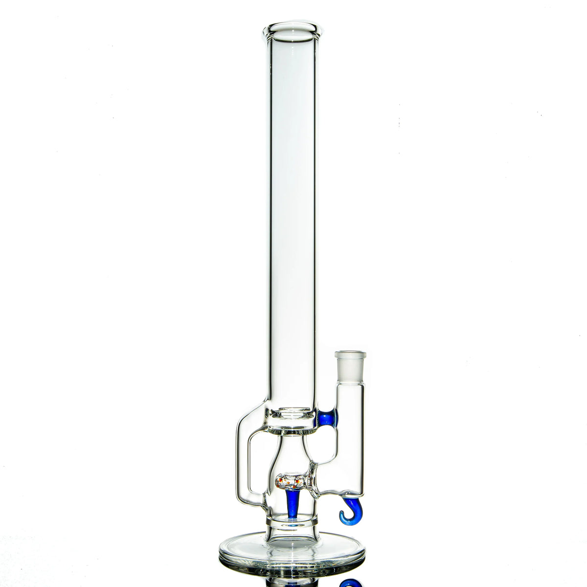 Clear glass water pipe with cobalt blue accents and a cylindrical design on a white background