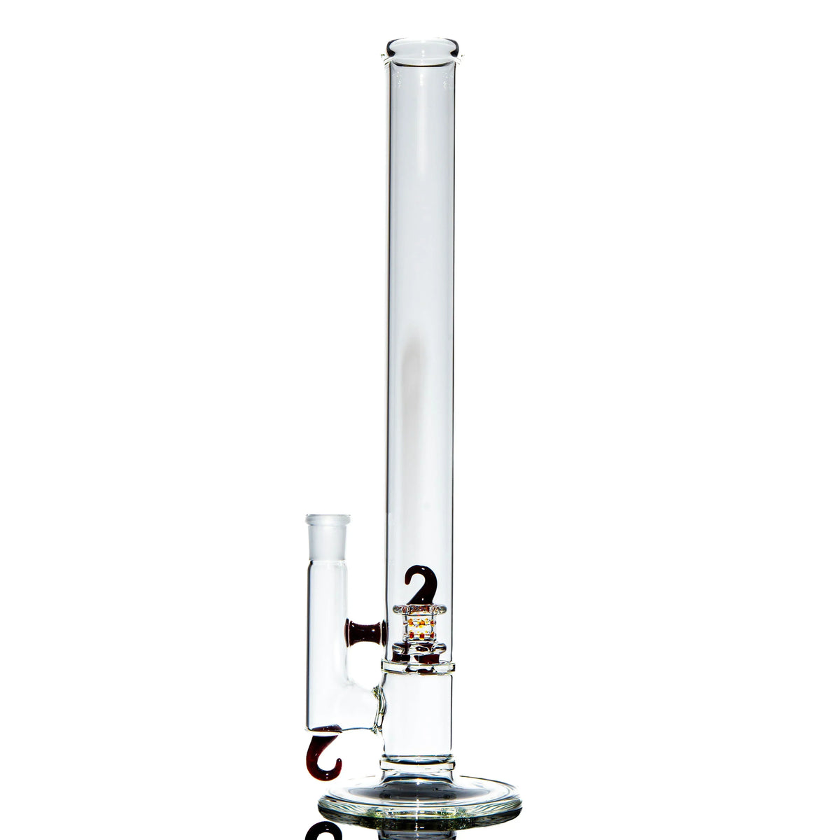 Clear glass bong with amber hook accents, straight tube design, and flat base on white background