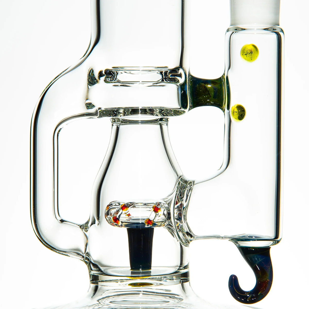 Clear glass water pipe with decorative accents and a hook-shaped handle detail.