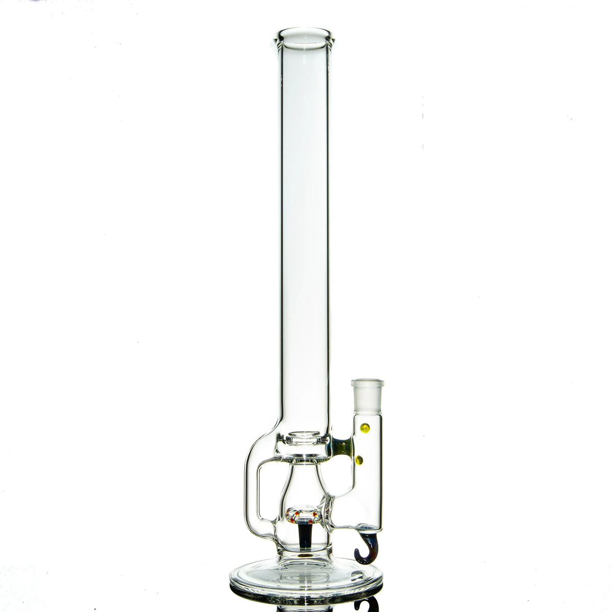 Clear glass water pipe with handle, straight tube design, and decorative accents