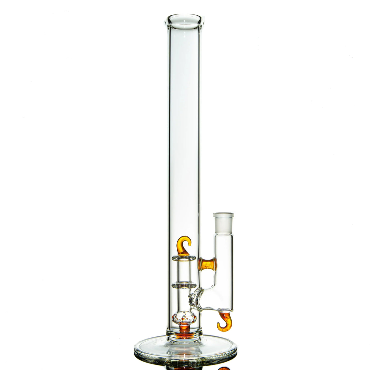 Clear glass water pipe with amber glass accents and a straight tube design on white background.