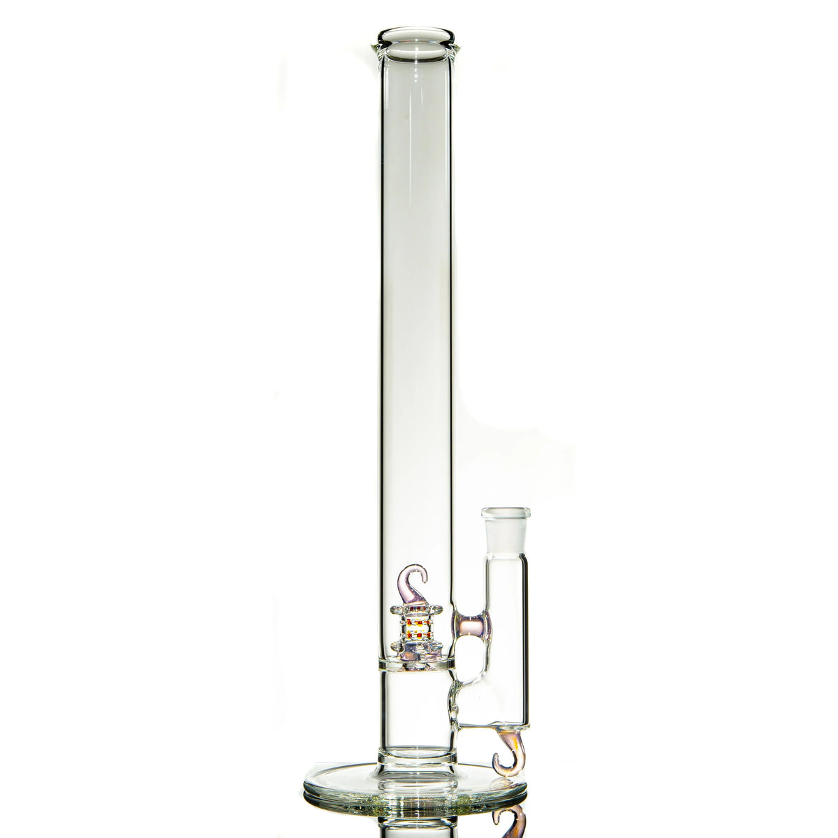 Tall clear glass water pipe with rose and silver glass accents on a white background