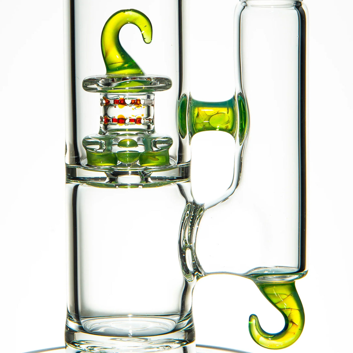 Clear glass water pipe with green and red decorative accents, Captain Hook themed design.