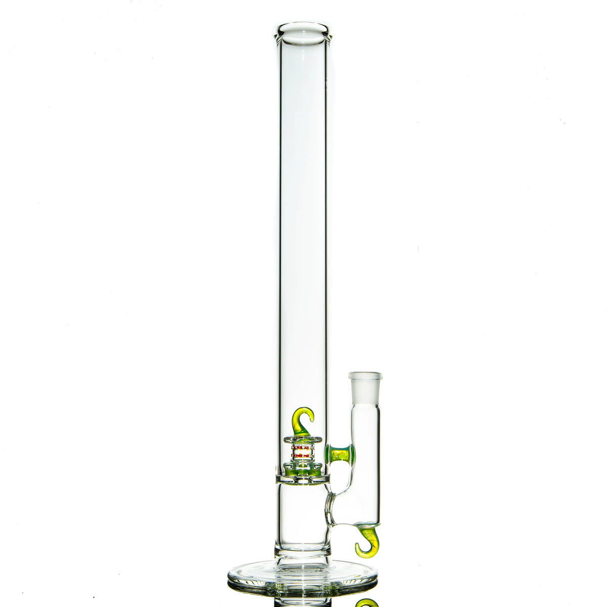 Clear glass water pipe with silver and green accents, upright on white background